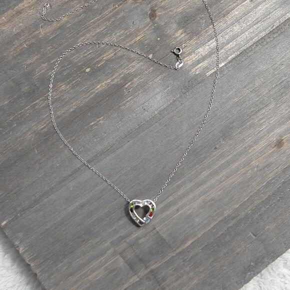 Sterling Silver Small Heart Pendant Necklace Box Chain 16" Multicolor Crystals - Picture 2 of 8